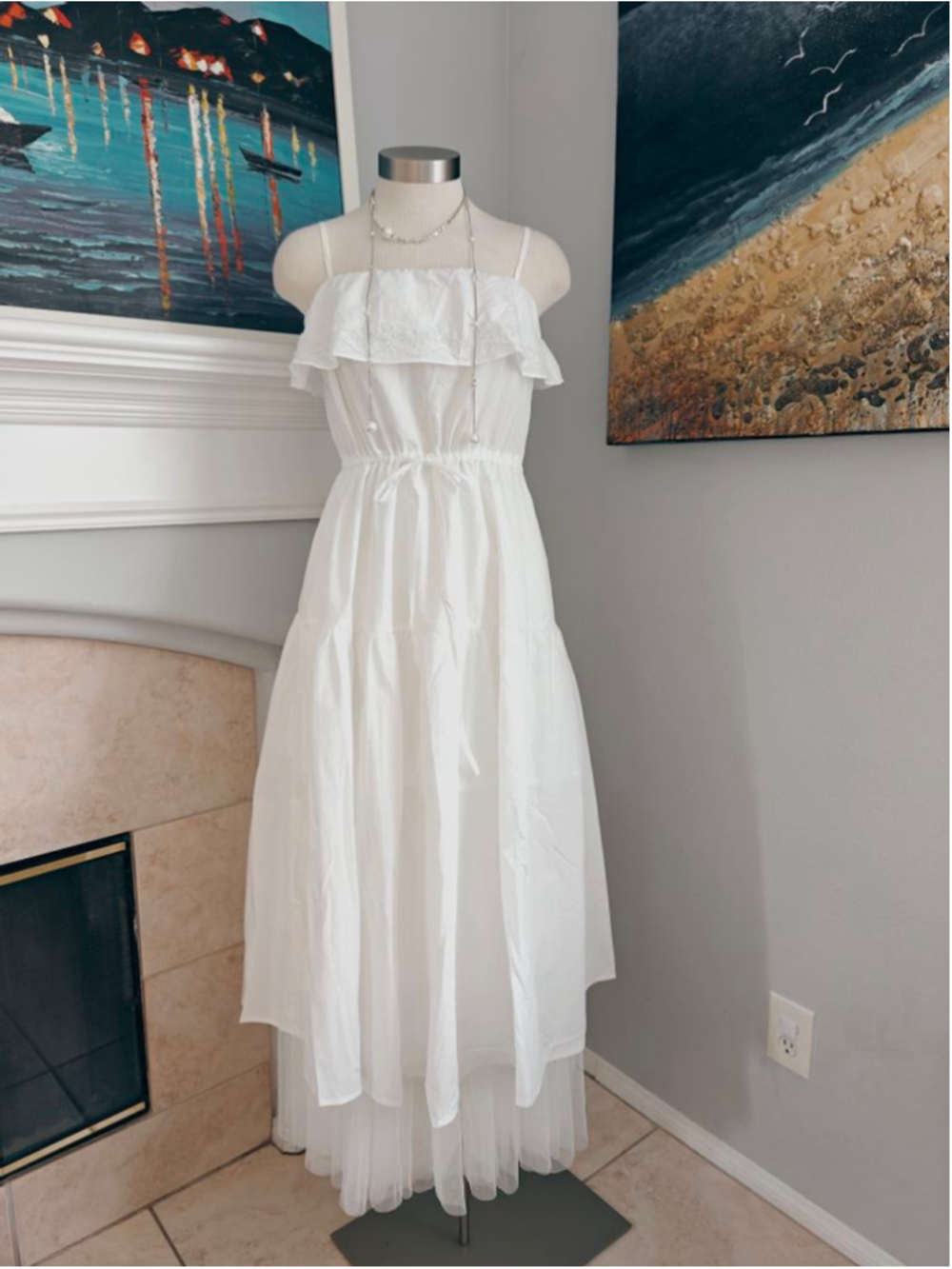 Women's COMMON ZHANG White Ruffle Tiered Midi Dress